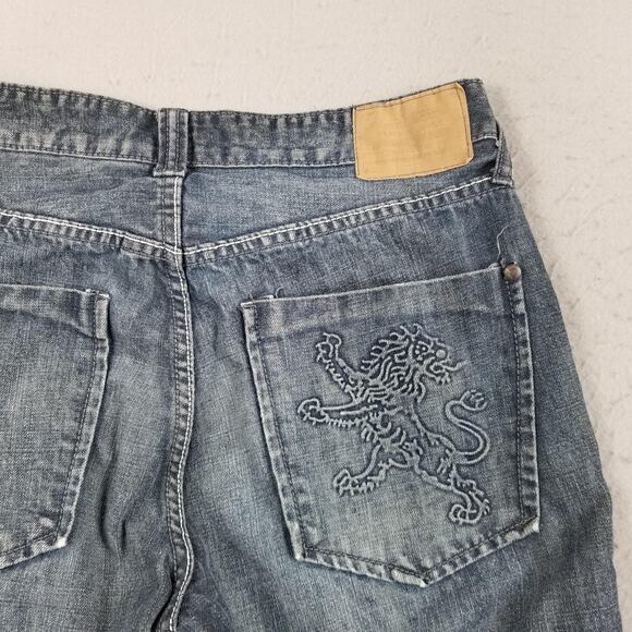 Express Kingston Jeans Mens 34x32 Blue Bootcut Classic Fit Whiskered Lion Denim - Picture 8 of 15